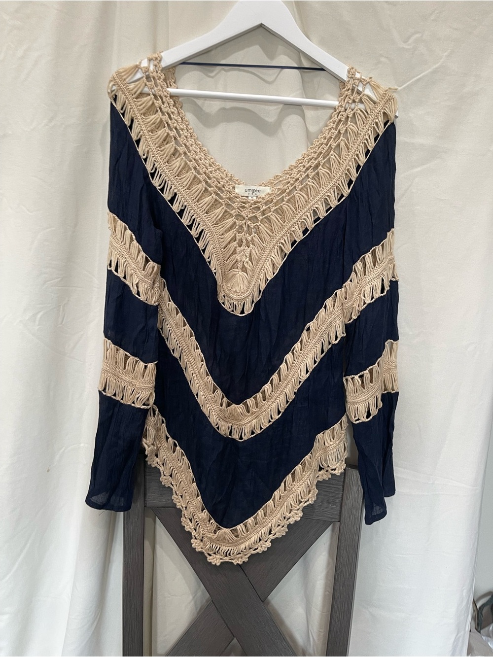 Umgee Navy Sweater with Beige Crochet V-Neck Trim